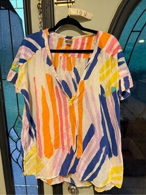 aerie Multicolor Brushstroke V-Neck Tunic - Orange, Blue, Pink, Yellow, Cream